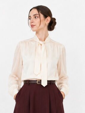 Vintage Blouse with Pleated Sleeves in White, Size XS